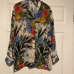 go silk floral sheer button down size L